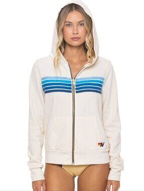 Aviator Nation 5 Stripe Full Zip Hoodie Vintage White/Blue  Women's M